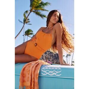 New Free People BOTEH Helios Halter One-Piece Swimsuit $250 X-SMALL Orange Belt